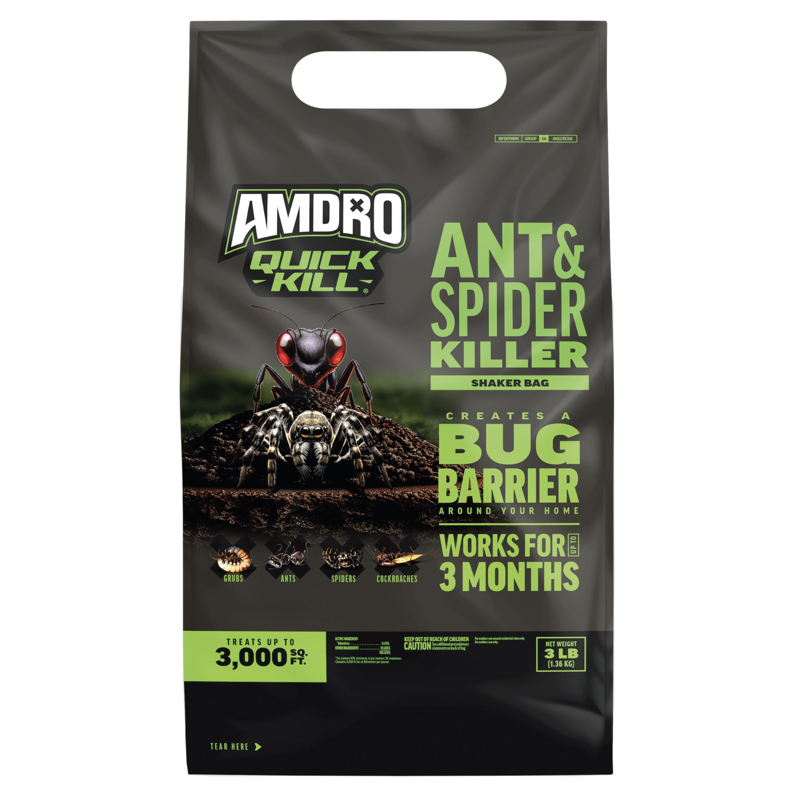 Amdro ants-spiders granules in shaker bag ready for lawn and garden pest control.