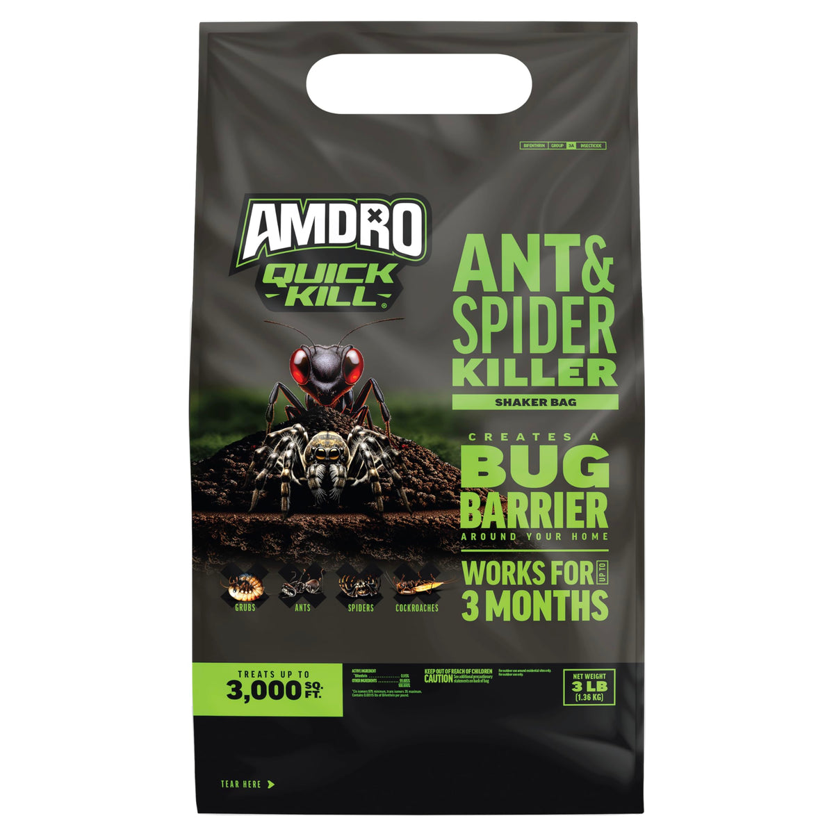Amdro ants-spiders granules in shaker bag ready for lawn and garden pest control.