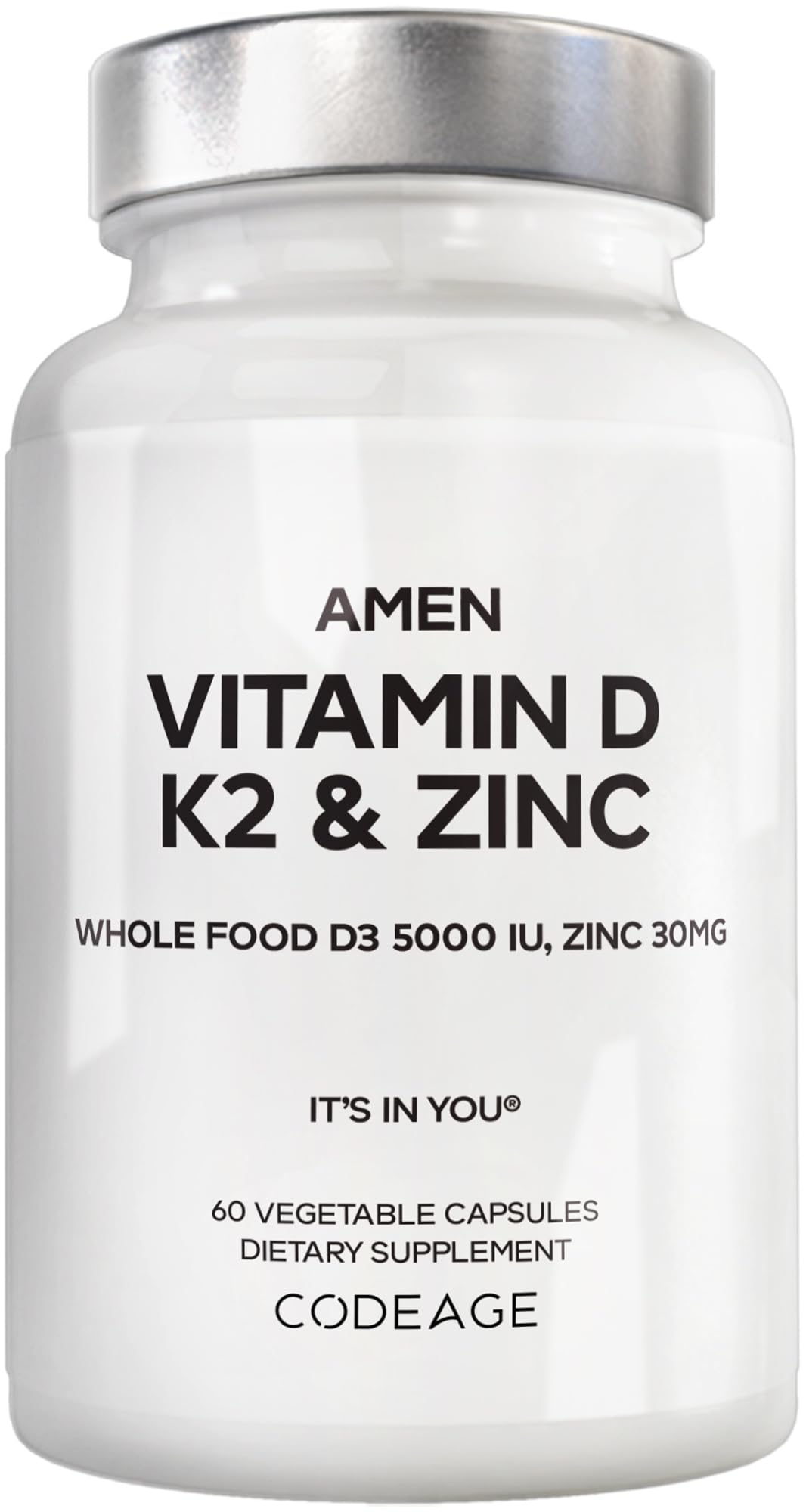 Amen D3 K2 Zinc bottle front for vegan daily capsules