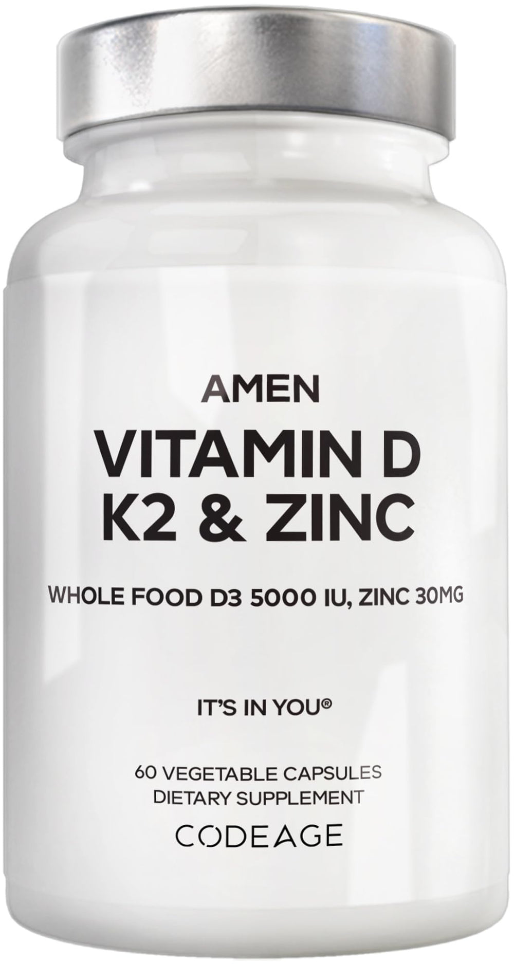 Amen D3 K2 Zinc bottle front for vegan daily capsules
