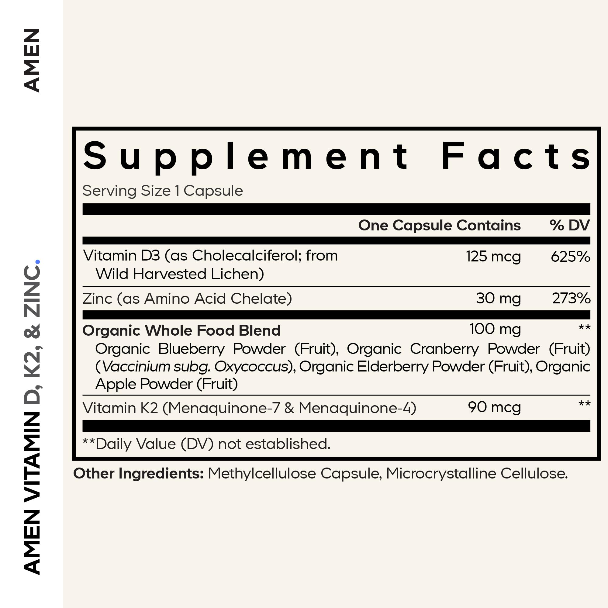Amen D3 K2 Zinc capsules close-up showing compact vegan capsules