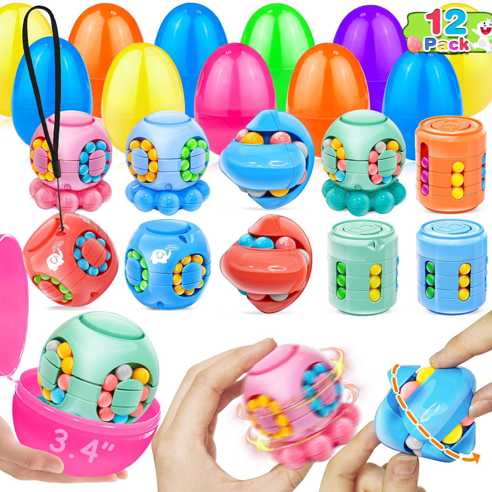 AMENON 12-pack Easter eggs with rotating bead puzzles for egg hunts and party favors.