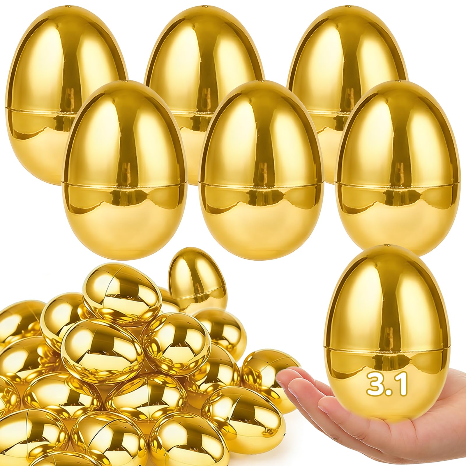 AMENON 24-pack large golden Easter eggs with hinges, easy to open for egg hunts.