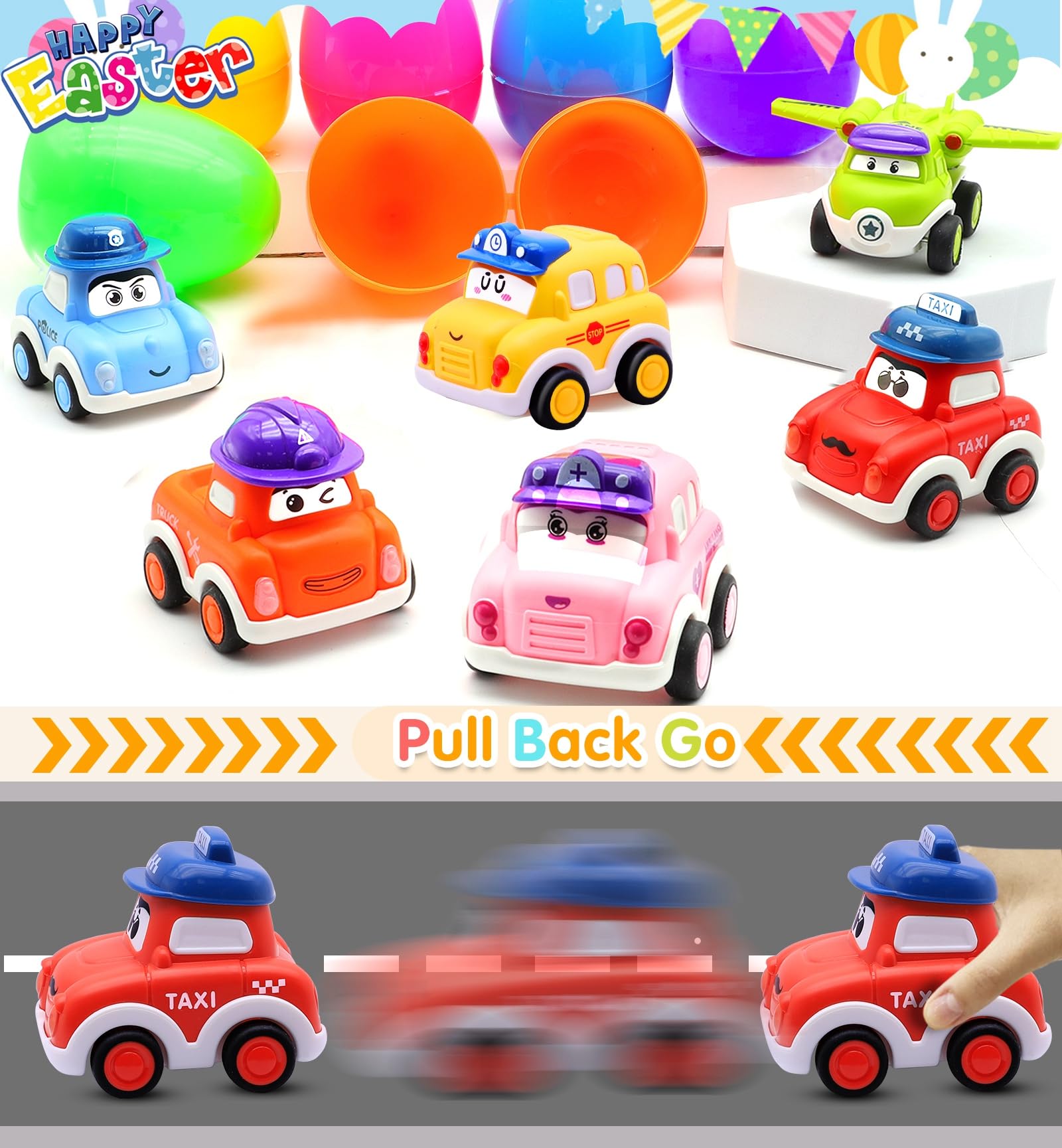 AMENON 3.8 inch orange Easter egg with pull back car, fun party favor for kids