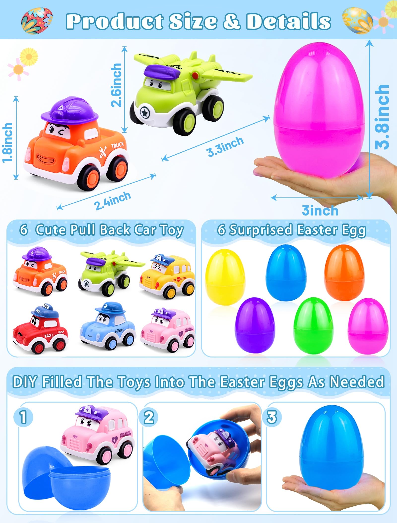 AMENON 3.8 inch pink Easter egg with pull back car, perfect for Easter baskets