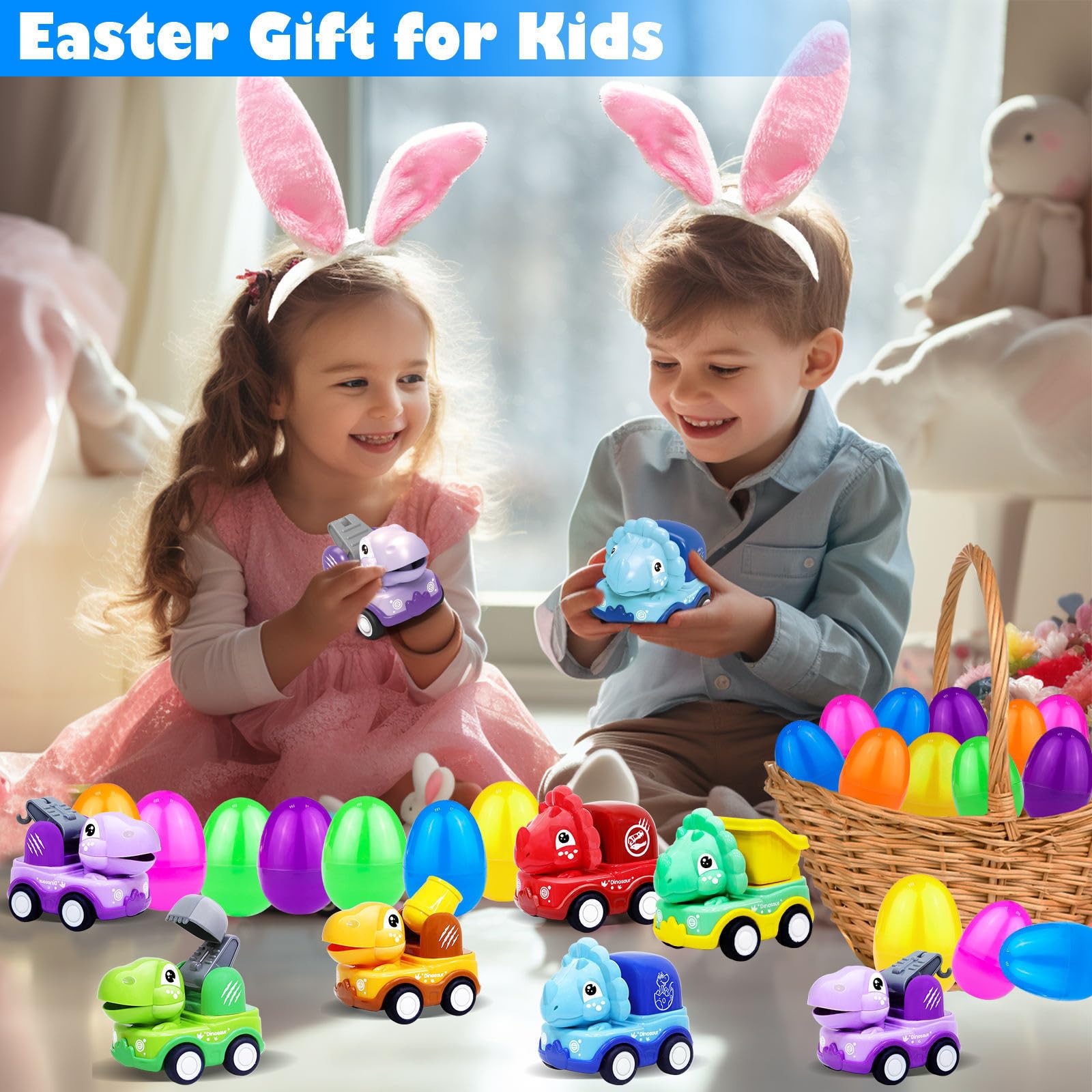 AMENON jumbo red Easter egg with dinosaur pull-back car inside, exciting hunt prize