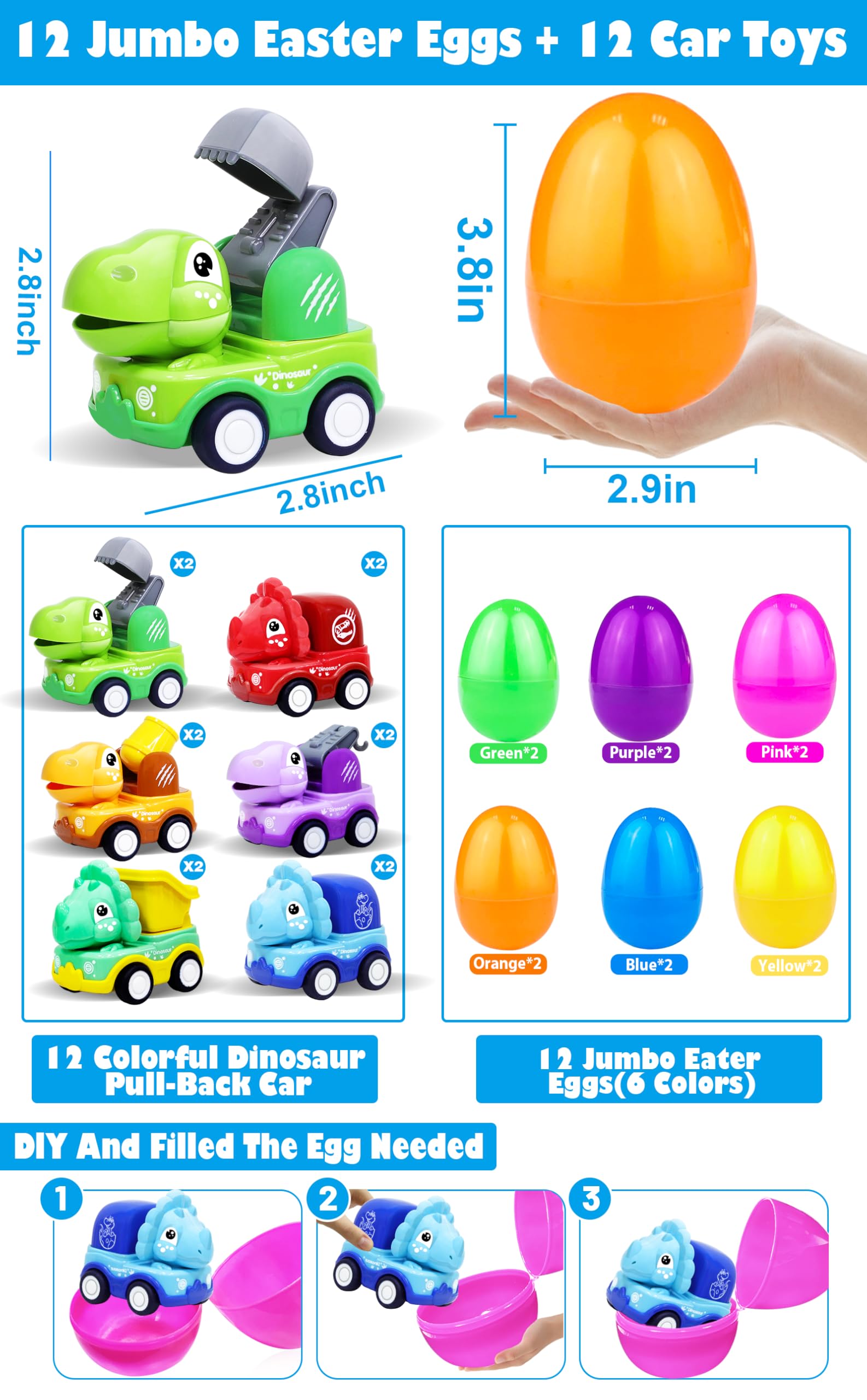 AMENON jumbo yellow Easter egg with dinosaur pull-back car inside, classroom prize