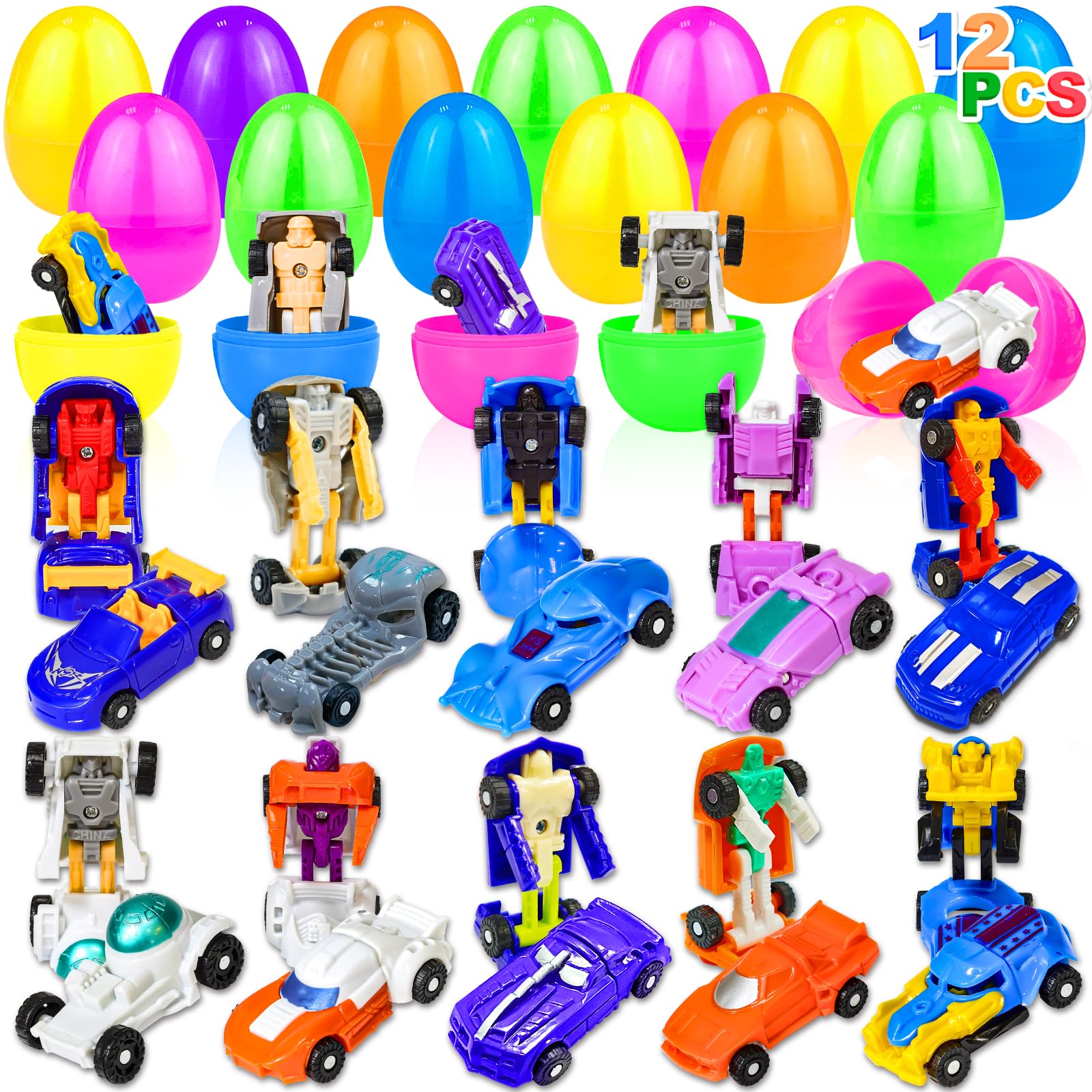 AMENON transform car toy inside pink egg delivers playful surprise for Easter baskets.