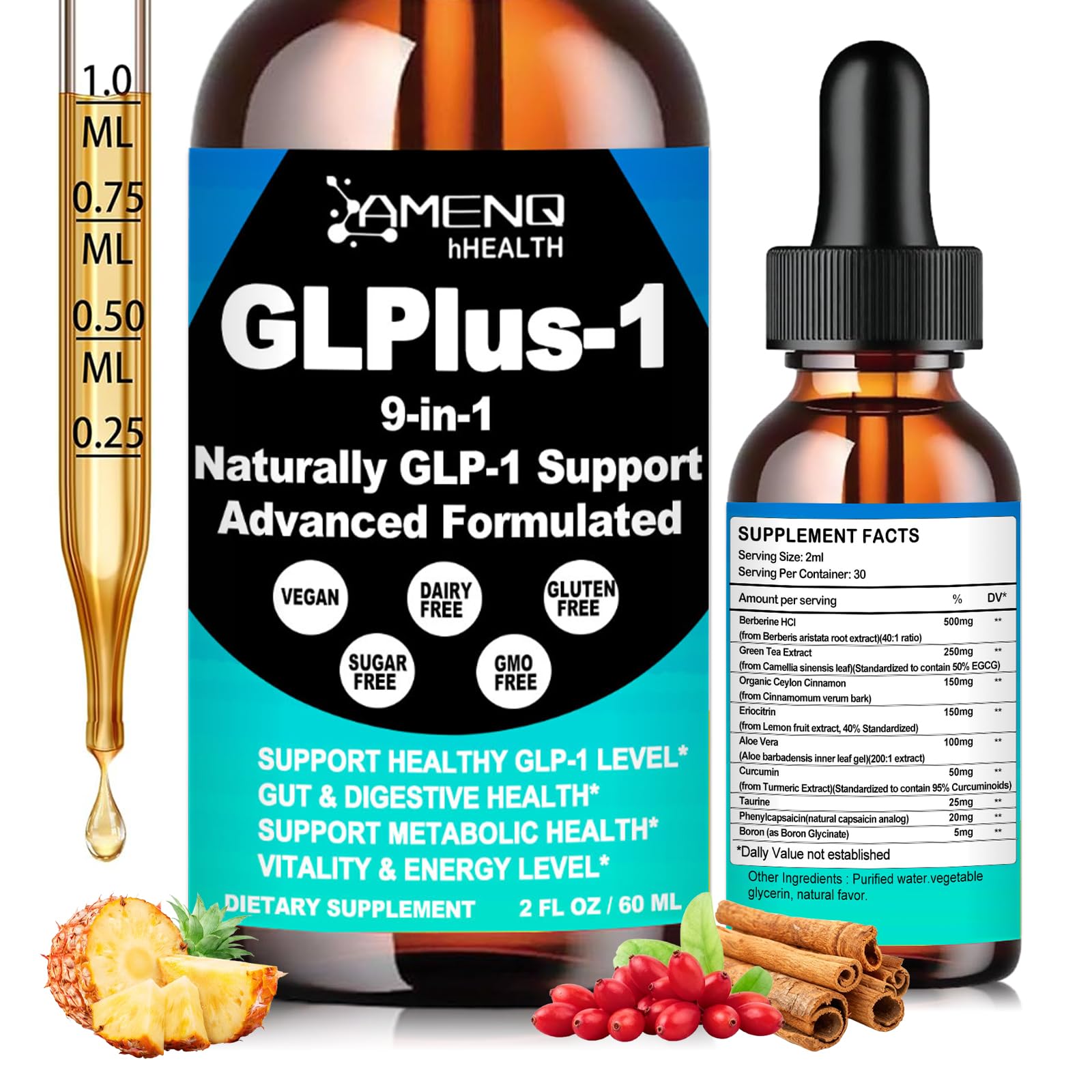 AMENQ Health Berberine Drops bottle showing metabolism support benefits
