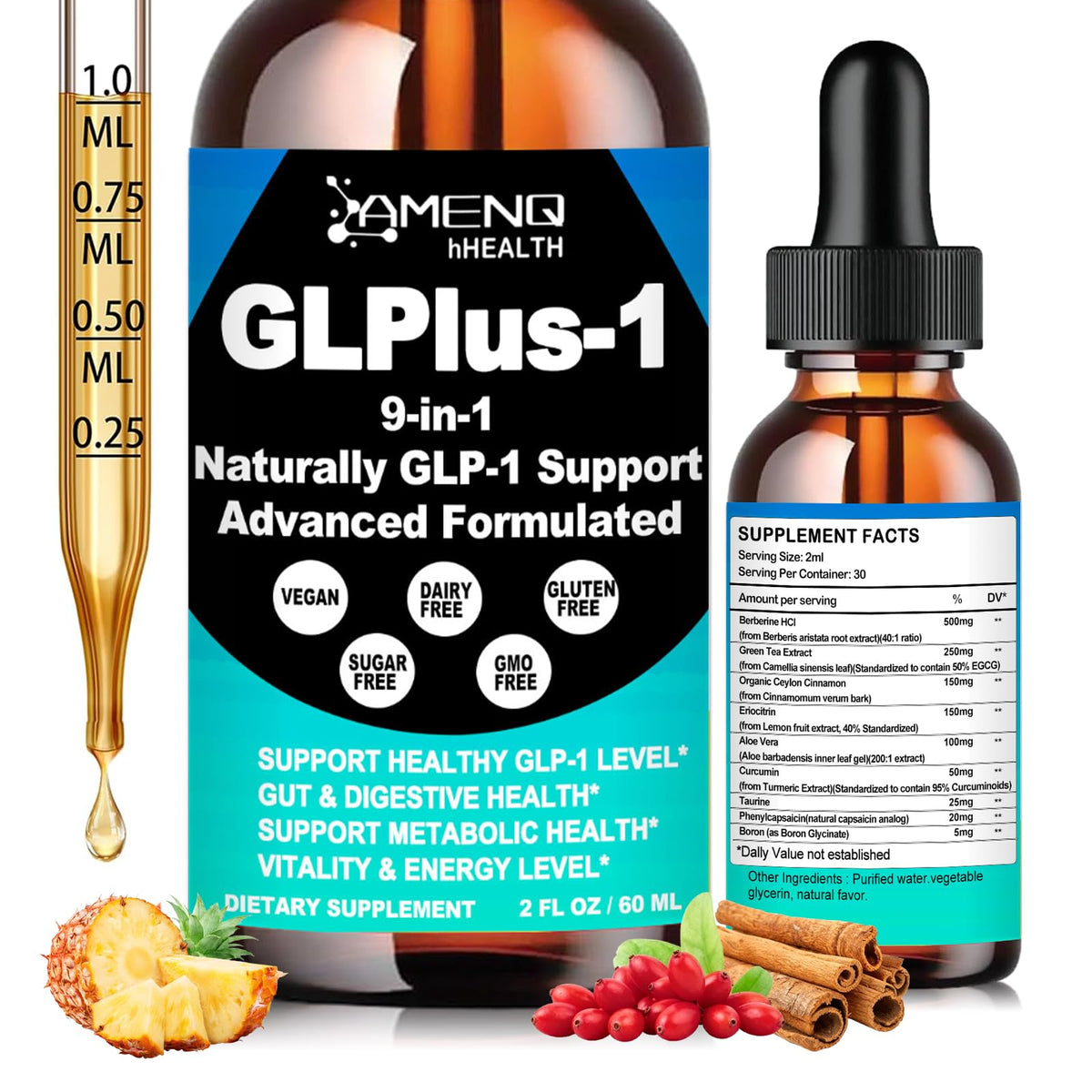 AMENQ Health Berberine Drops bottle showing metabolism support benefits