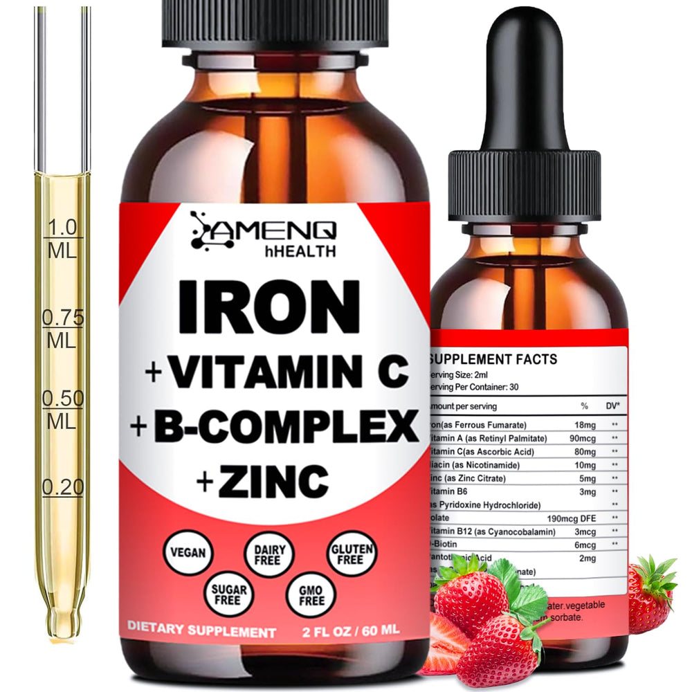 AMENQ hHEALTH family-friendly iron drops bottle for ages 6 and up.