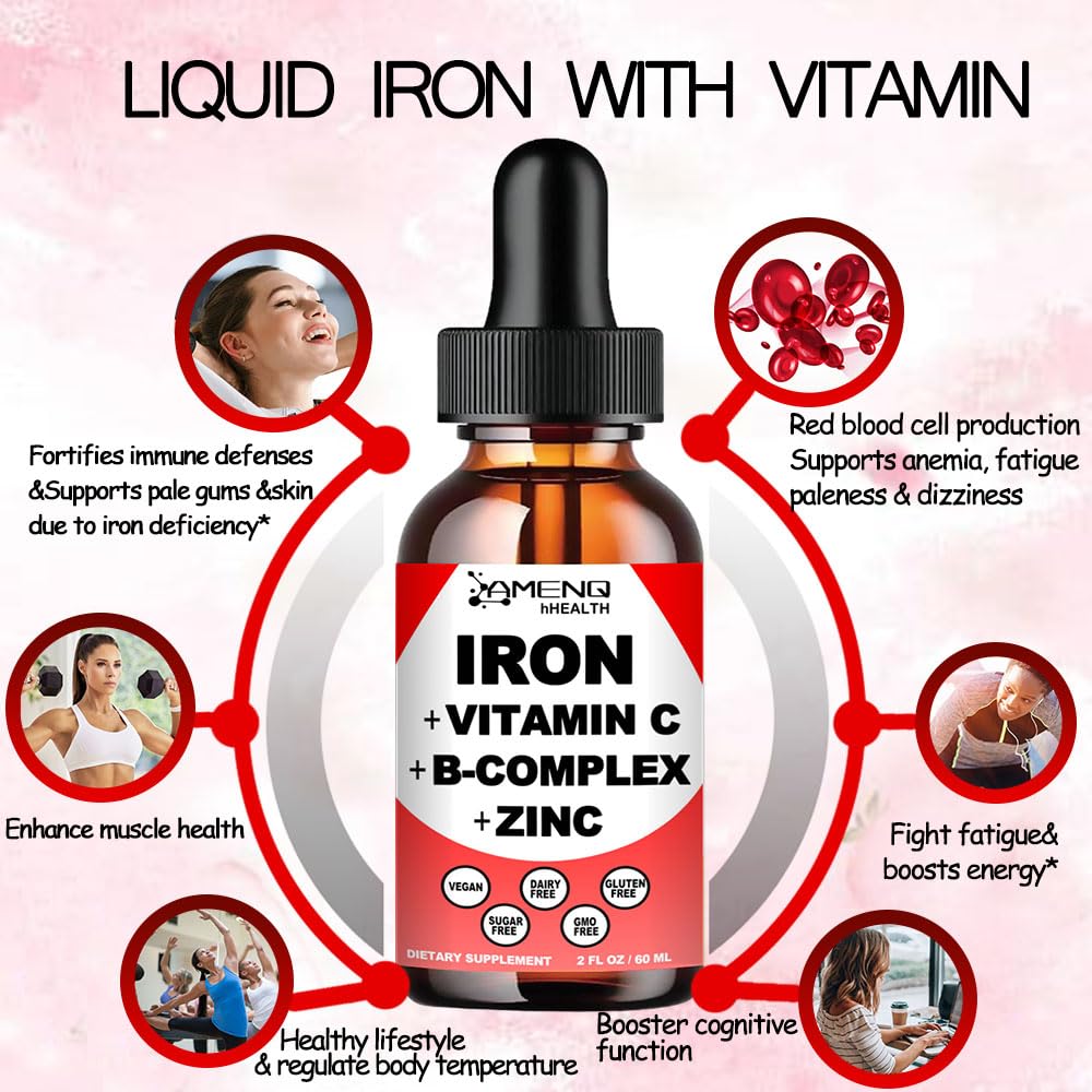AMENQ hHEALTH iron drops close-up of label and vegan formula.