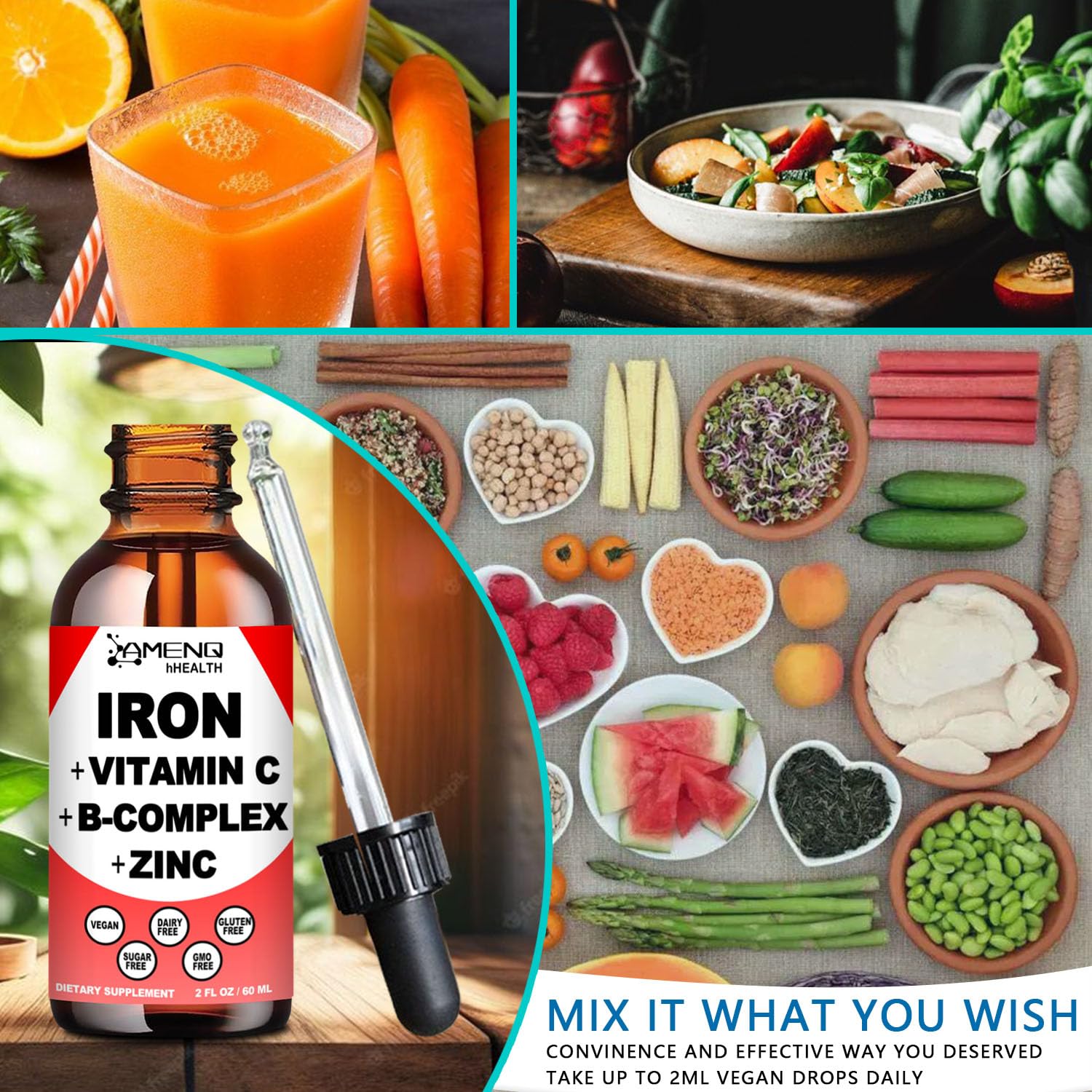 AMENQ hHEALTH label close-up highlighting nutrients and B-complex.
