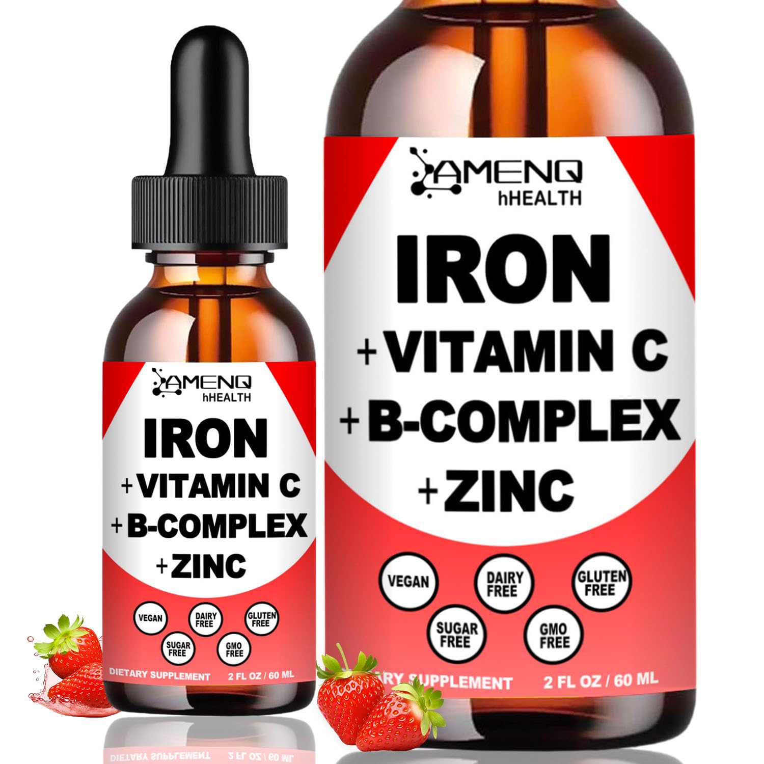 AMENQ hHEALTH liquid iron bottle shows strawberry flavor and easy daily dosing.