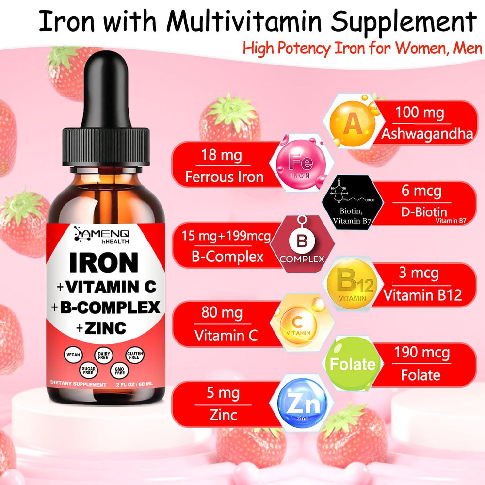 AMENQ hHEALTH liquid iron drops pouring to highlight fast absorption potential.