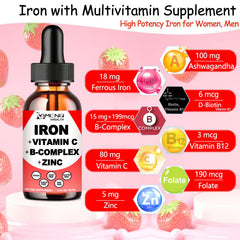 AMENQ hHEALTH liquid iron drops pouring to highlight fast absorption potential.