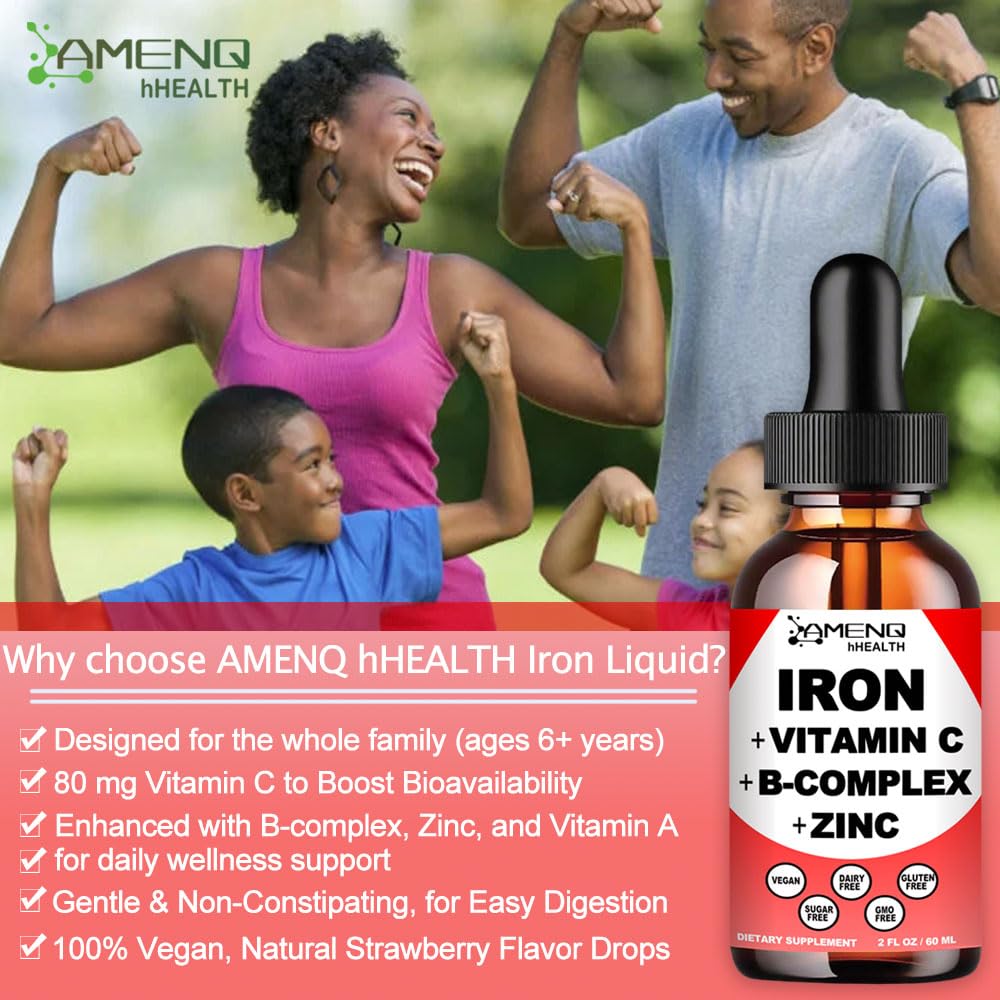 AMENQ hHEALTH strawberry-flavored iron drops beside a glass for easy intake.