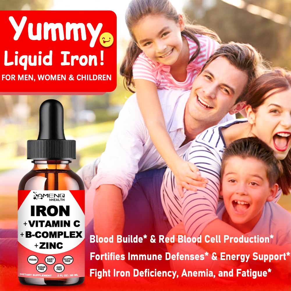 AMENQ hHEALTH vegan iron drops packaging emphasizing purity and third-party tested.