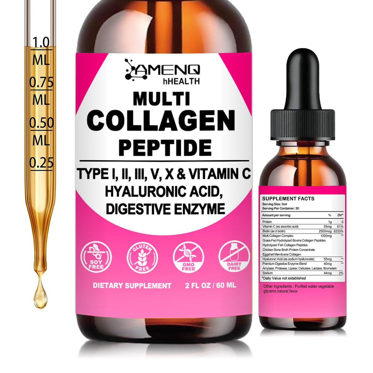 AMENQ hHEALTH Multi Collagen Drops bottle showing label for skin and joints.