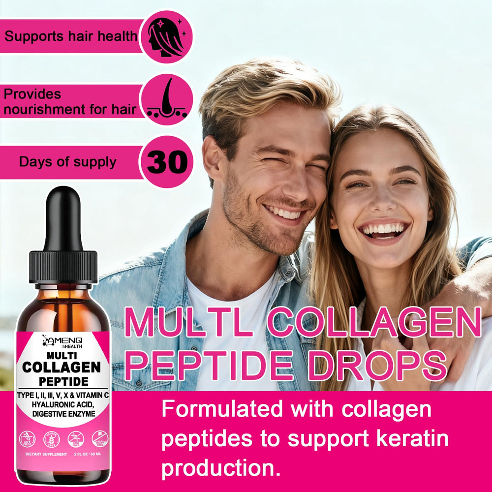 AMENQ hHEALTH label close-up highlighting five collagen types and vitamin C.