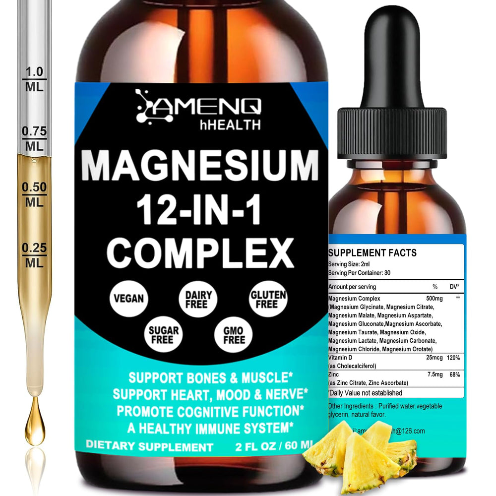 AMENQ Magnesium 12-in-1 bottle showing full-spectrum formula for daily wellness.