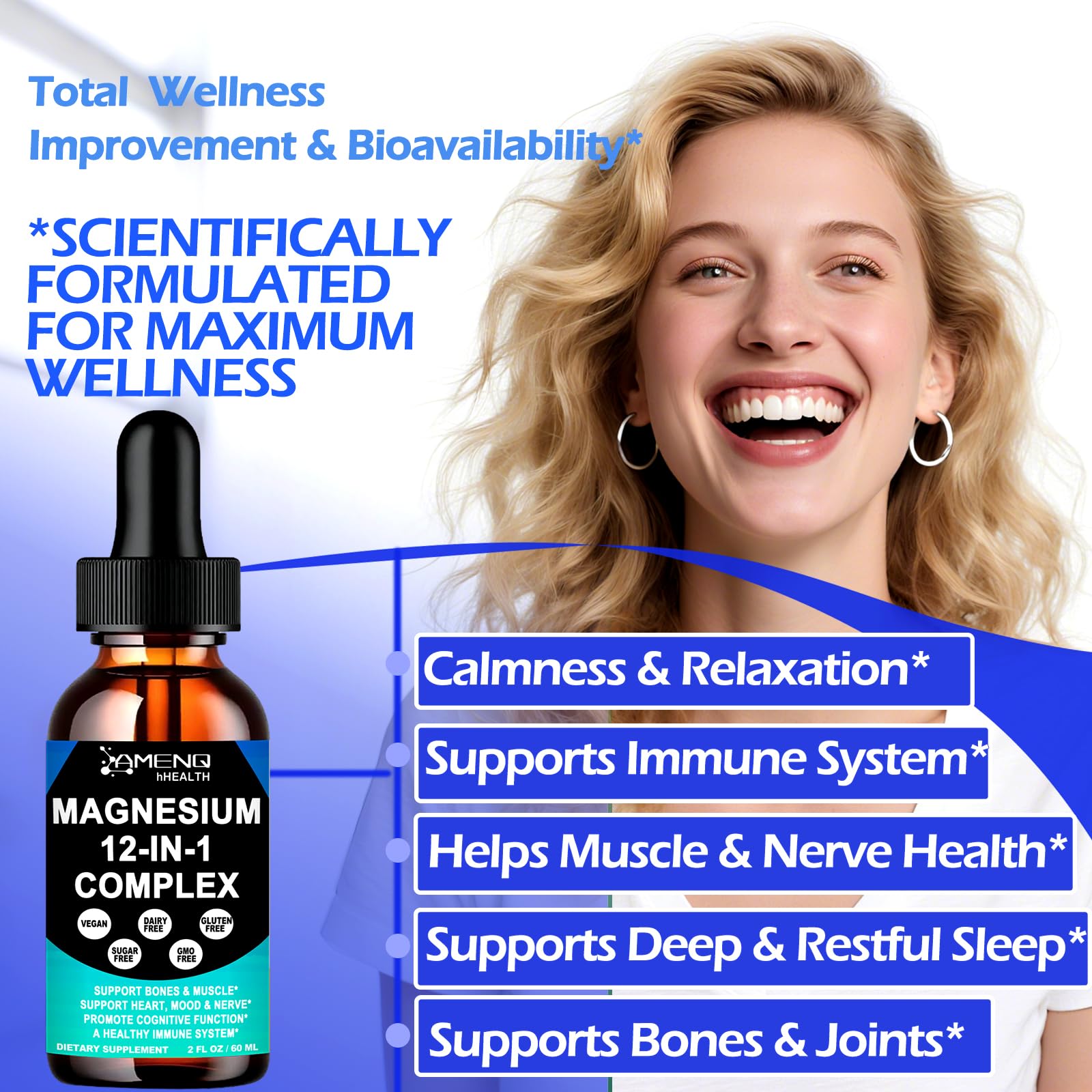 AMENQ full-spectrum magnesium drops suggesting muscle support and restful sleep benefits.