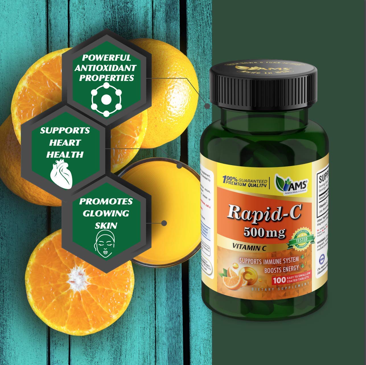 America Medic Rapid-C 500mg tablets on a clean background for antioxidant support.