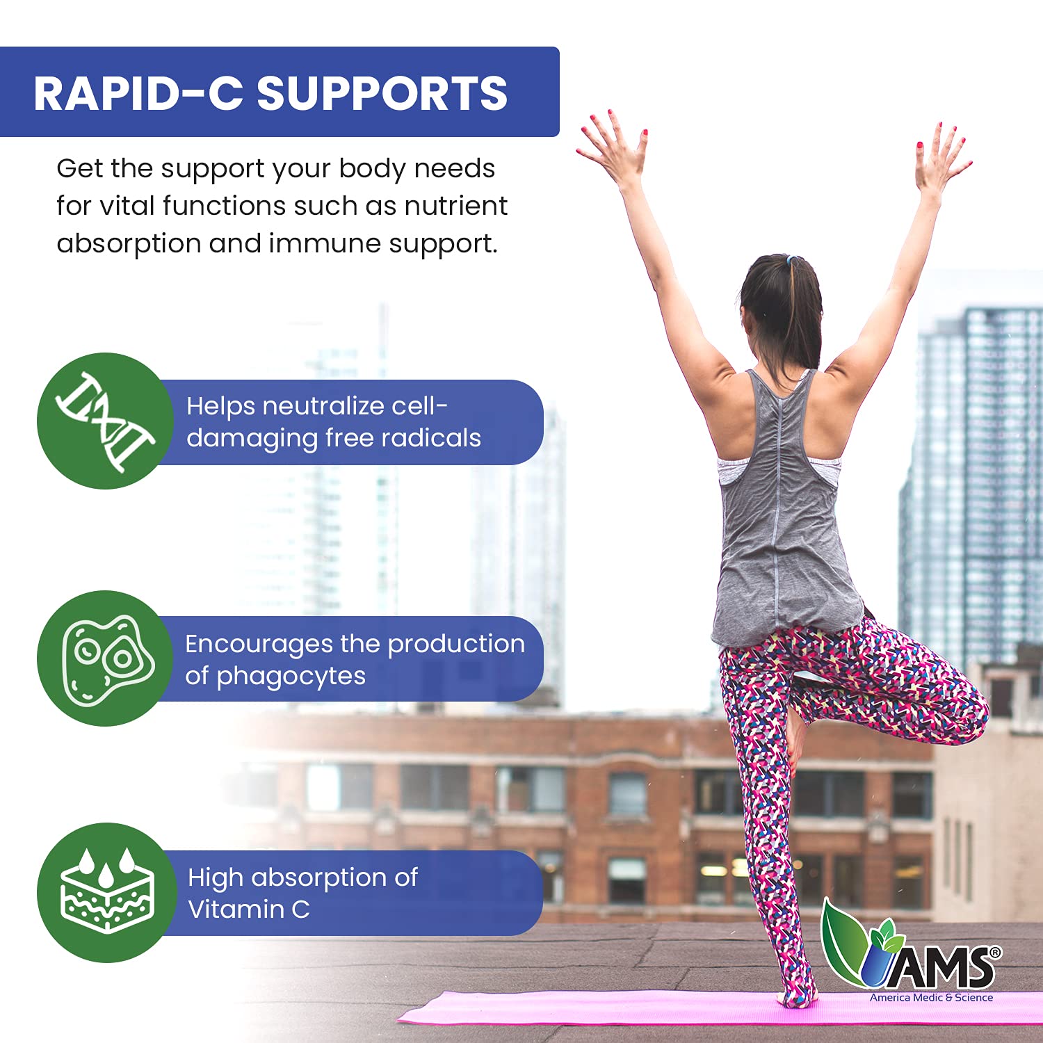 America Medic Rapid-C 500mg label emphasizes ingredients and purity.