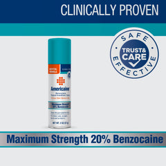 Applying Americaine benzocaine spray to the skin for quick numbing.