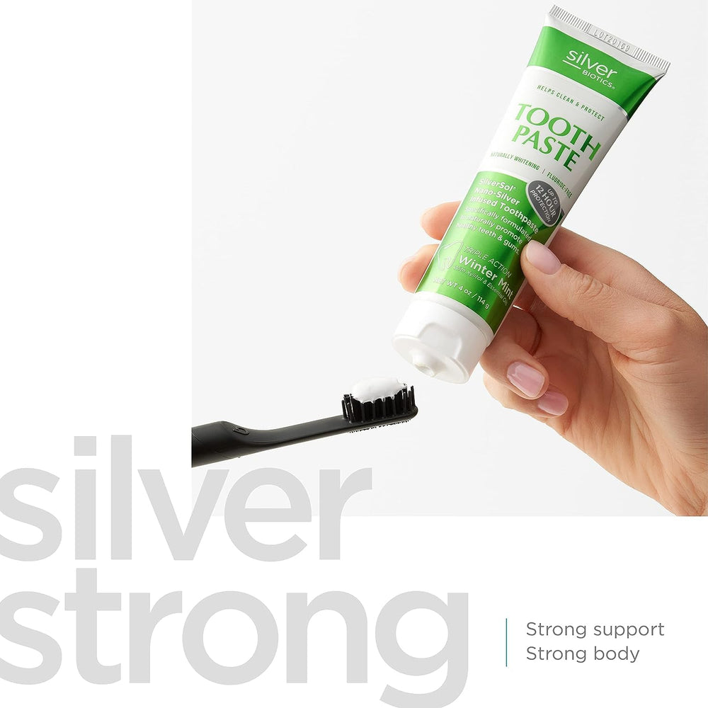 Silver Biotics toothpaste tube front showcasing winter mint flavor.