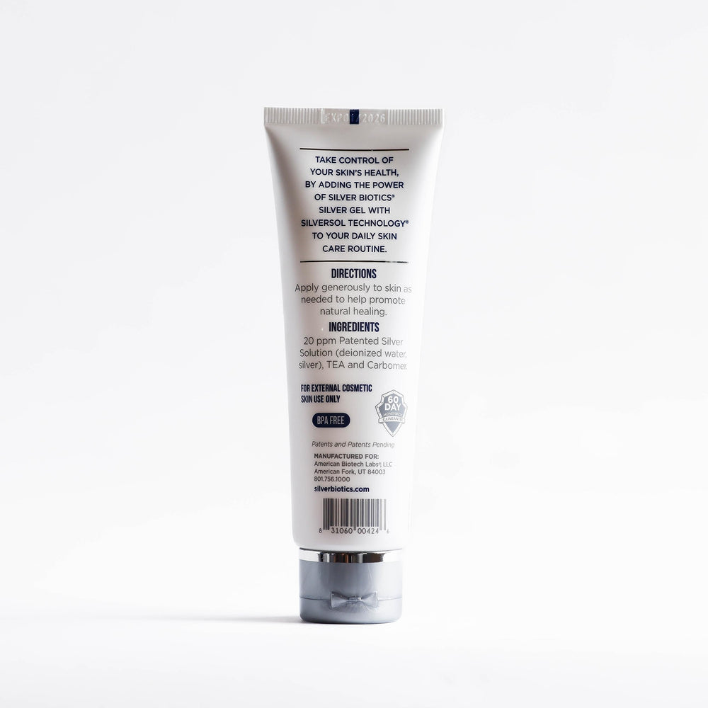 Bottle with SilverBiotics gel alongside daily care products
