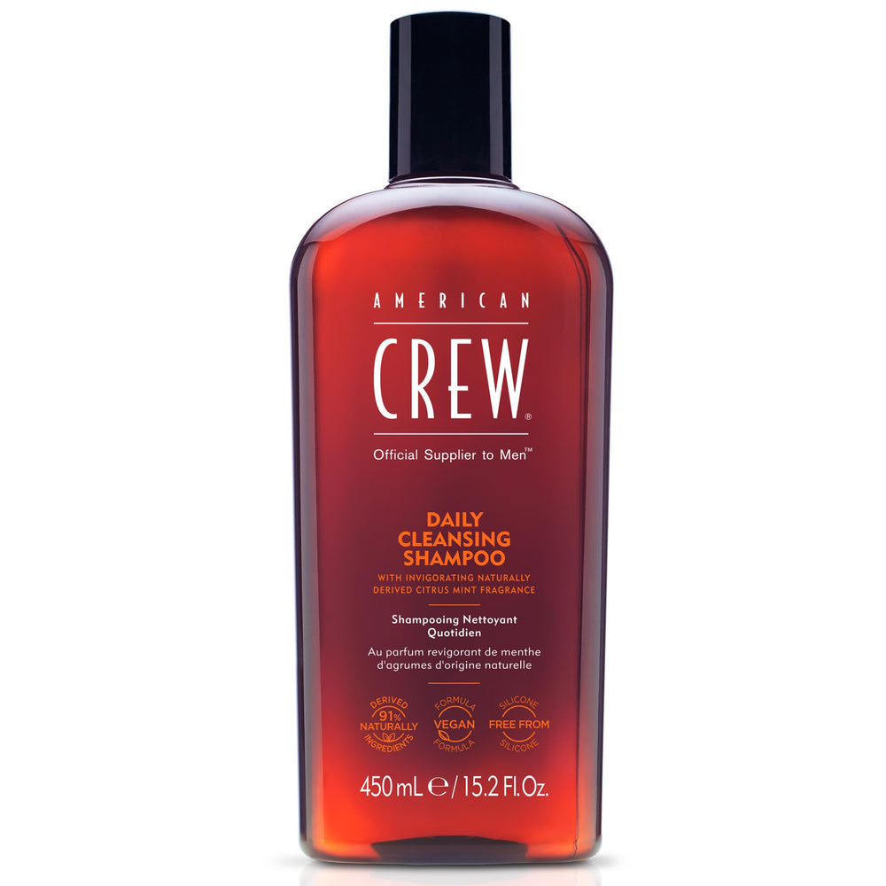 American Crew Daily Cleanser bottle front showing vegan formula and citrus mint fragrance.