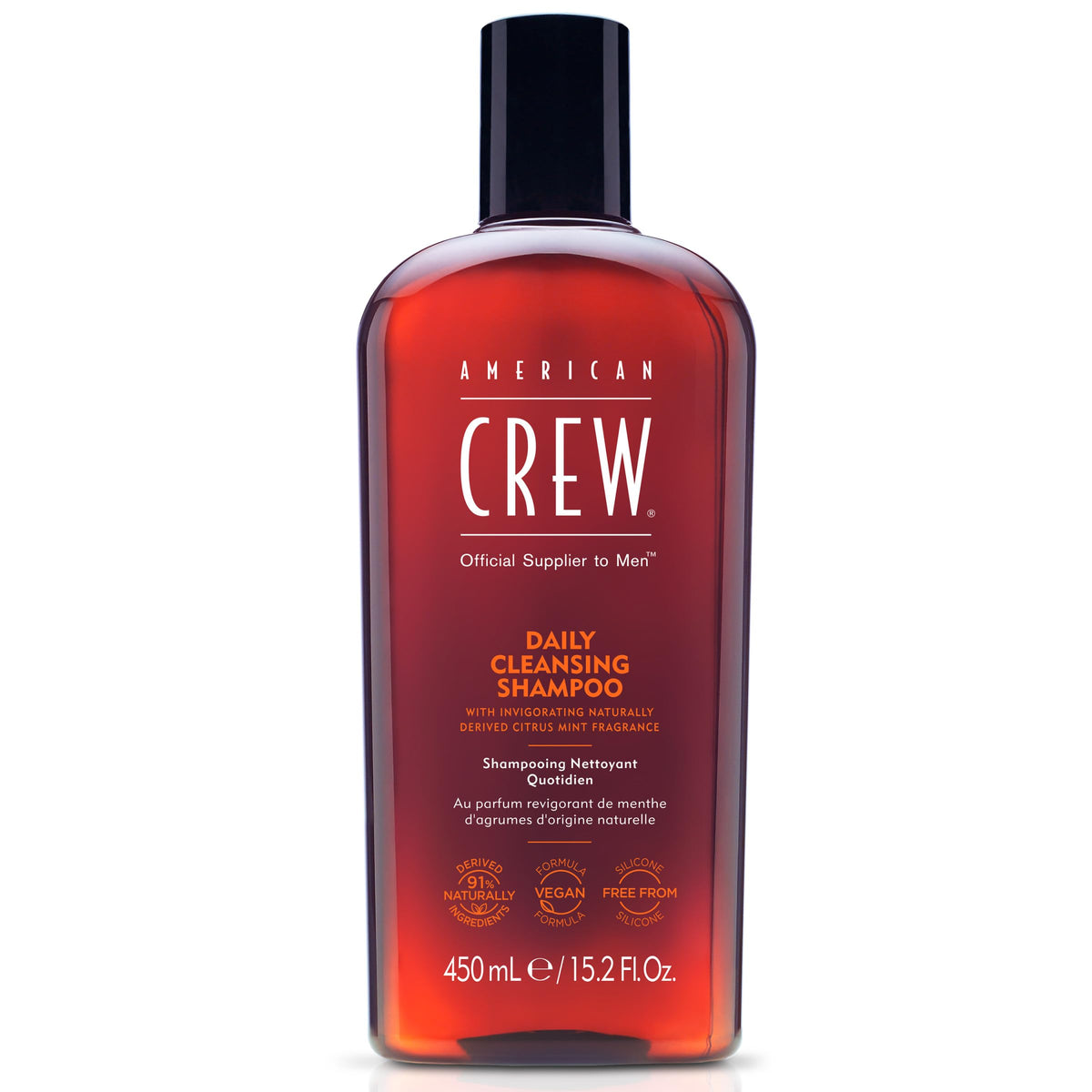American Crew Daily Cleanser bottle front showing vegan formula and citrus mint fragrance.