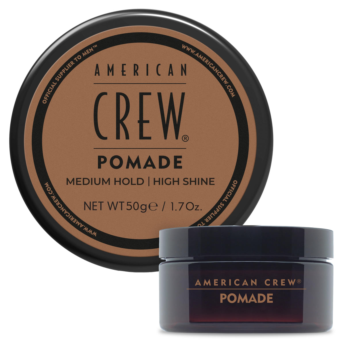 American Crew pomade jar shows travel size packaging delivering medium hold and high shine.