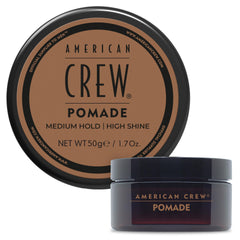 American Crew pomade jar shows travel size packaging delivering medium hold and high shine.