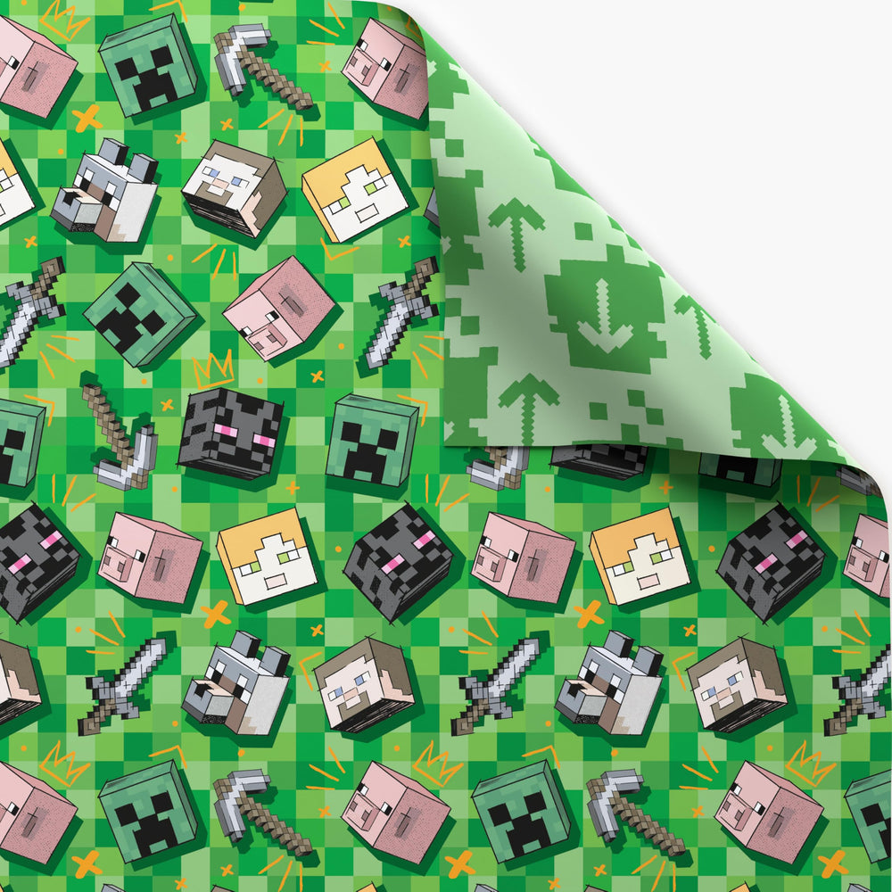 American Greetings Minecraft wrap with pixel pattern side for versatile gifts.