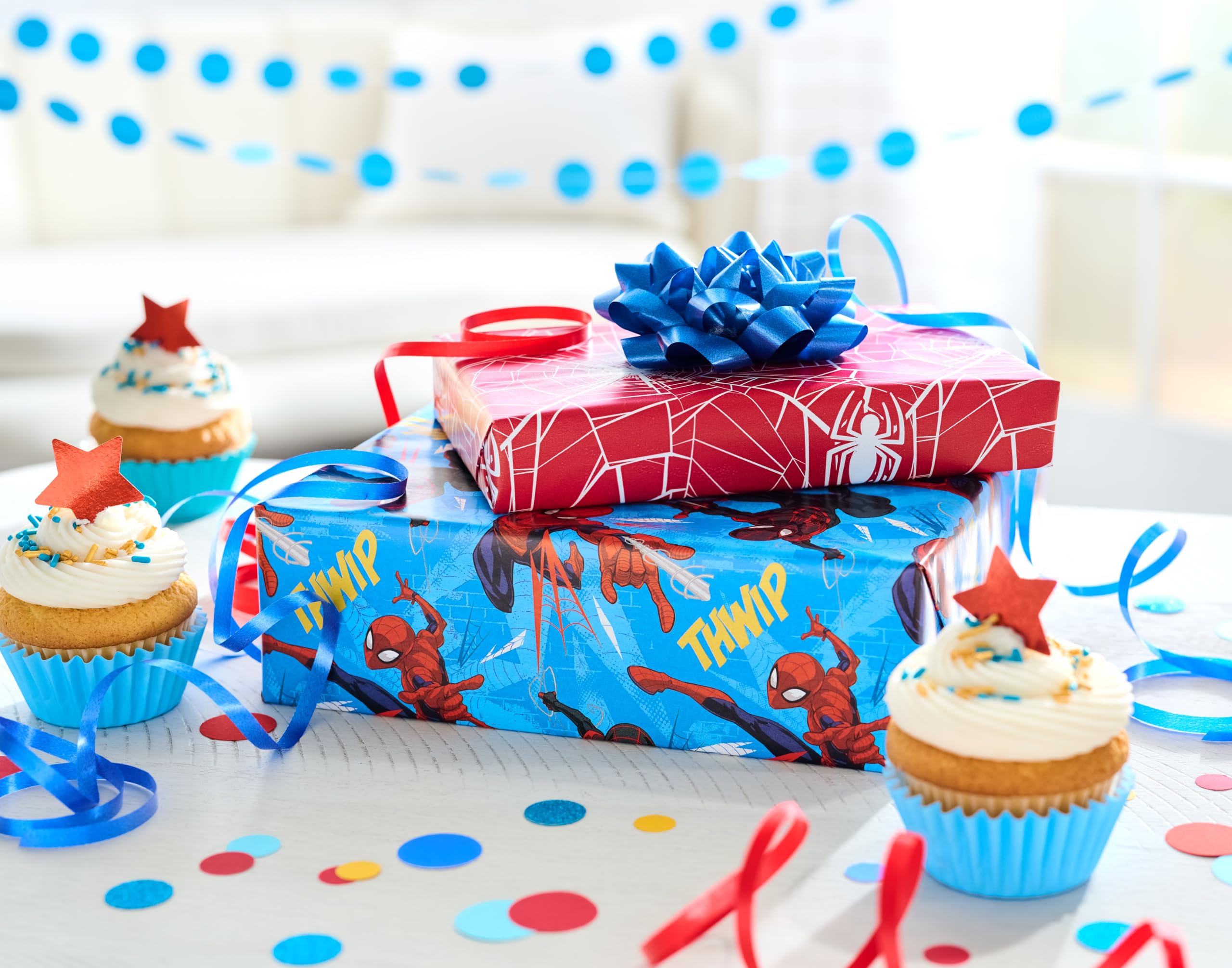 American Greetings Spiderman wrap perfect for birthday celebrations.