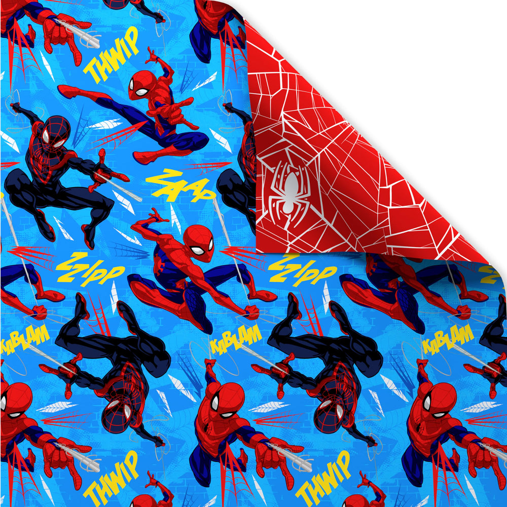 American Greetings Spiderman wrapping paper with red logo side for bold gifts.