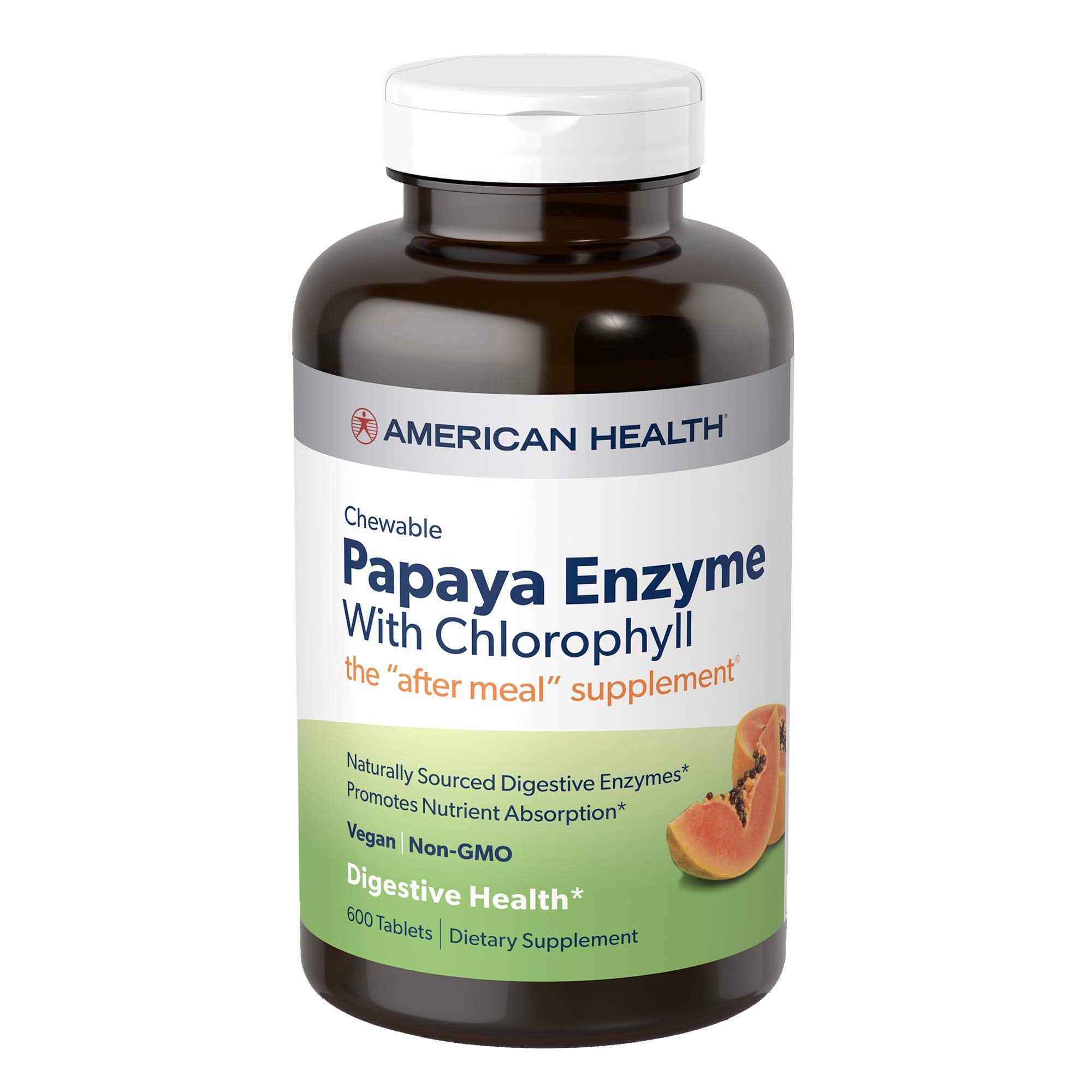 American Health papaya enzyme bottle label highlights post-meal support option.