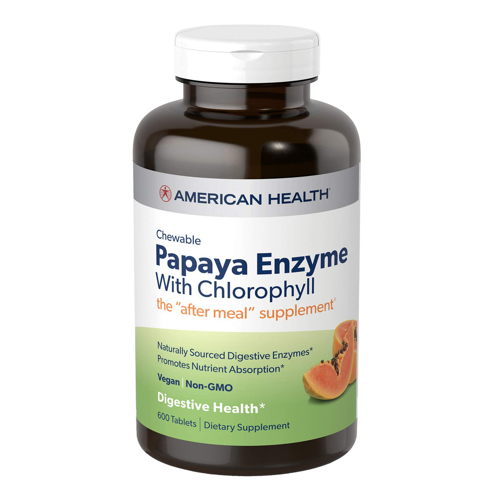 American Health papaya enzyme bottle label highlights post-meal support option.