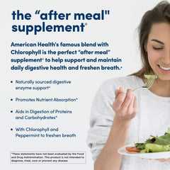 American Health papaya enzyme bottle pour demonstrates travel-friendly, after-meal use.