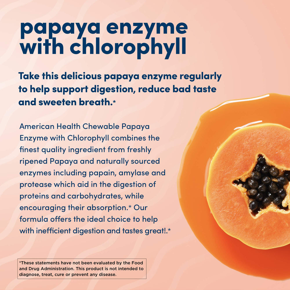 American Health papaya enzyme ingredients panel lists papain and amylase.