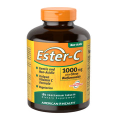 American Health Ester-C bottle front shows 180 vegan tablets for daily immune support