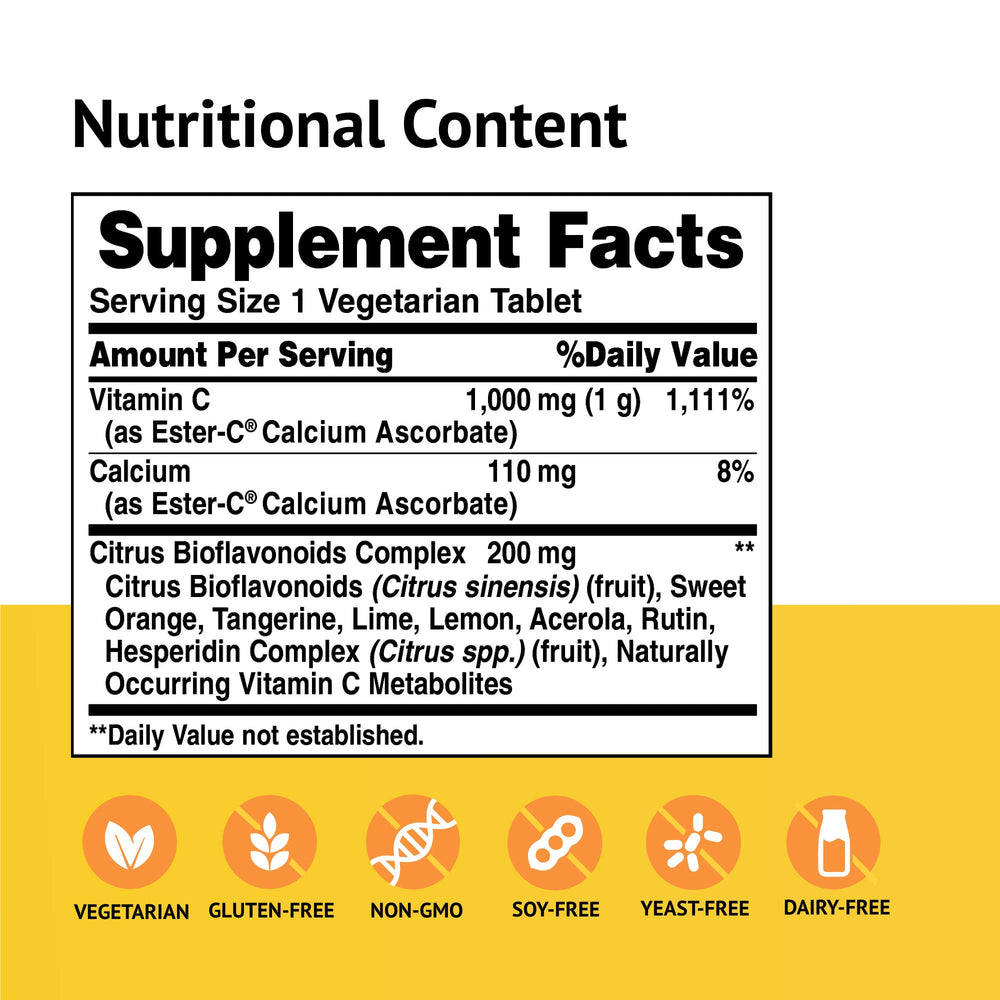 American Health Ester-C bottle side highlighting non-acidic, gentle on stomach formula
