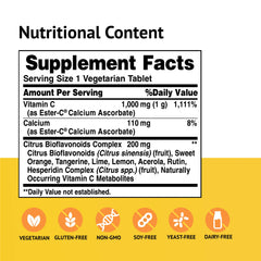 American Health Ester-C bottle side highlighting non-acidic, gentle on stomach formula