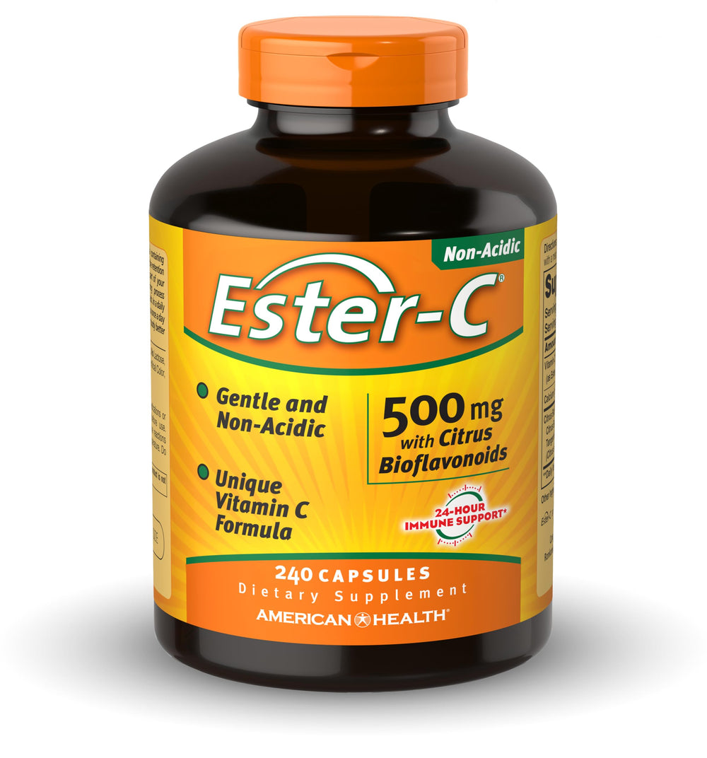American Health Ester-C label and packaging with gluten-free, non-GMO claims.