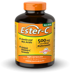 American Health Ester-C label and packaging with gluten-free, non-GMO claims.