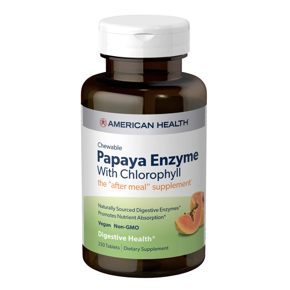 American Health Papaya Enzyme with Chlorophyll chewable bottle for post-meal digestion support.