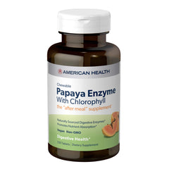 American Health Papaya Enzyme with Chlorophyll chewable bottle for post-meal digestion support.