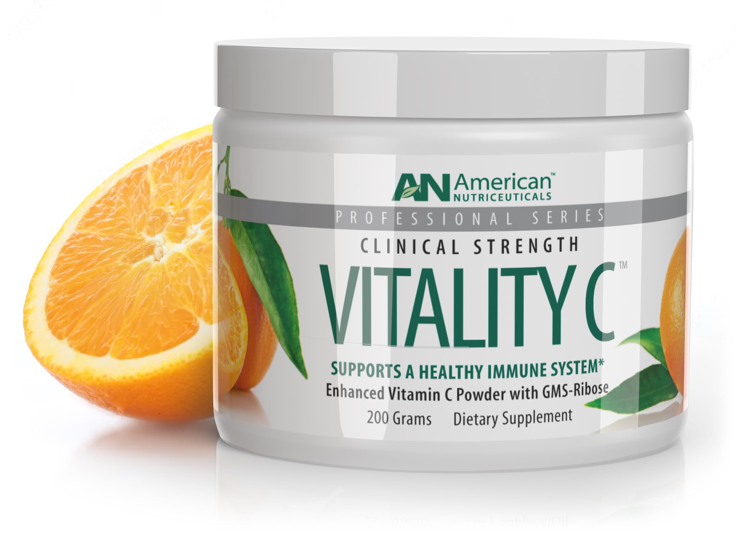American Nutriceuticals Vitamin C Powder bottle shows easy-to-use immune support in a non-acidic formula.
